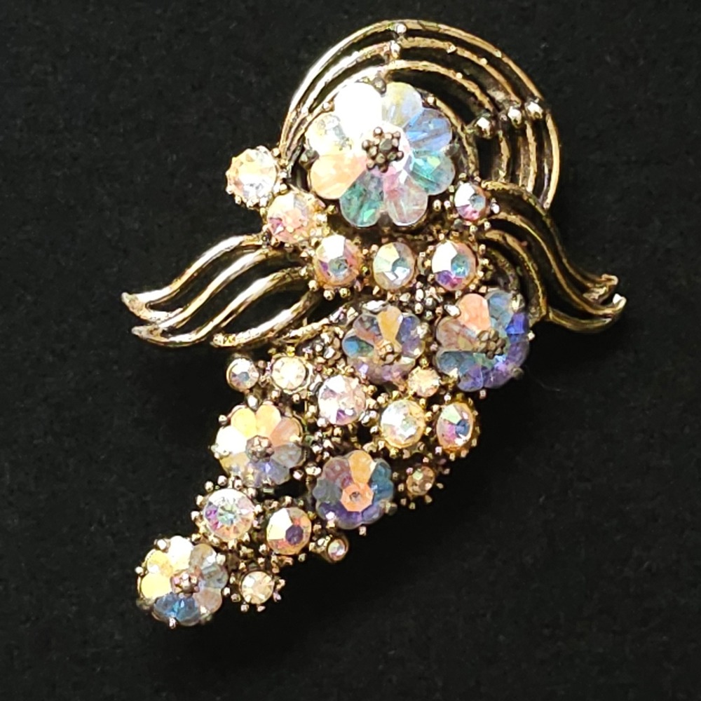 Vintage AB Rhinestone Floral Spray Brooch Gold Tone Margarita Statement 2.5" Pin